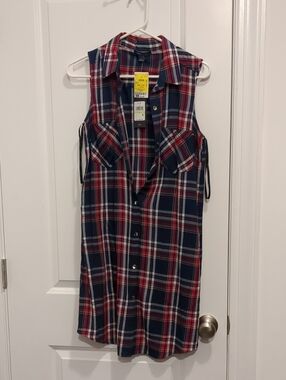 Tommy Hilfiger Navy Red White Plaid Sleeveless Shirt Dress